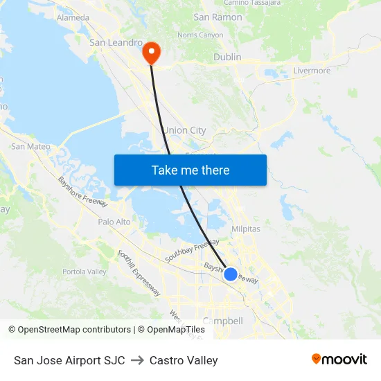 San Jose Airport SJC to Castro Valley map