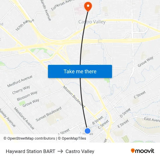 Hayward Station BART to Castro Valley map
