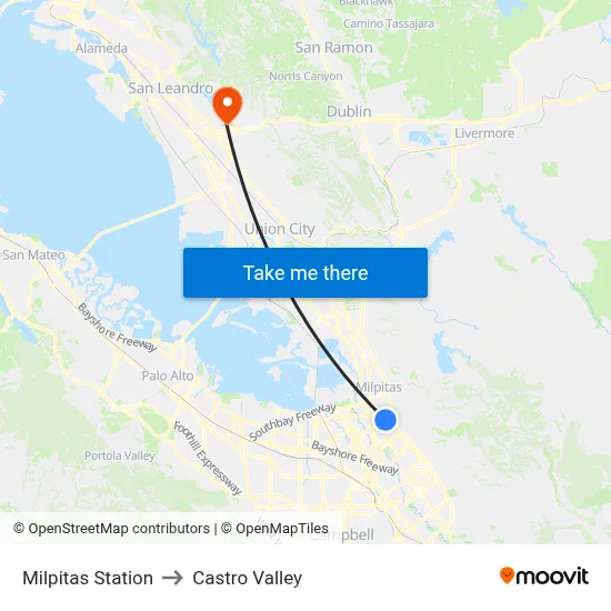 Milpitas Station to Castro Valley map