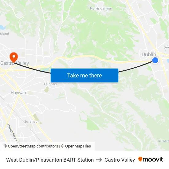 West Dublin/Pleasanton BART Station to Castro Valley map