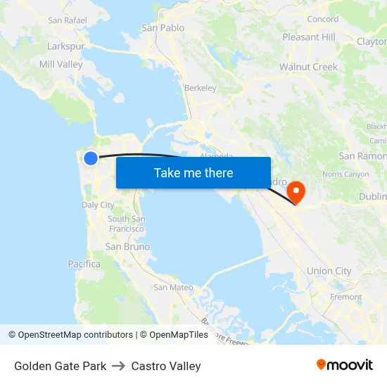 Golden Gate Park to Castro Valley map