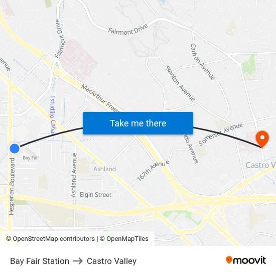 Bay Fair Station to Castro Valley map