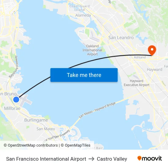 San Francisco International Airport to Castro Valley map