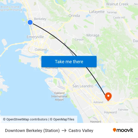 Downtown Berkeley (Station) to Castro Valley map