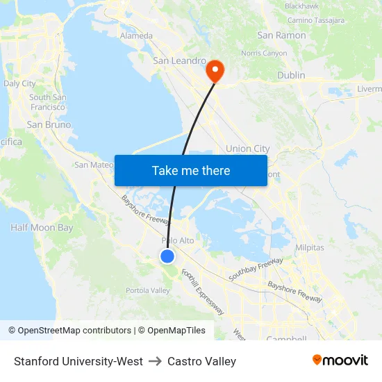 Stanford University-West to Castro Valley map