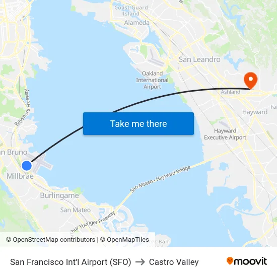 San Francisco Int'l Airport (SFO) to Castro Valley map