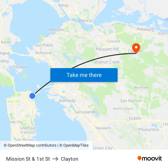 Mission St & 1st St to Clayton map