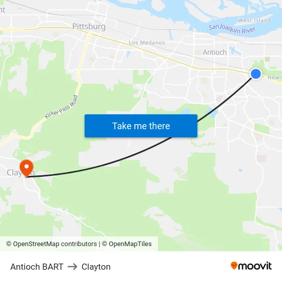 Antioch BART to Clayton map