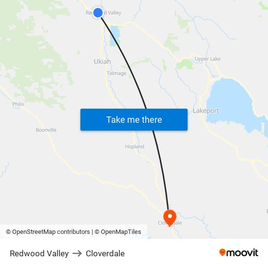 Redwood Valley to Cloverdale map