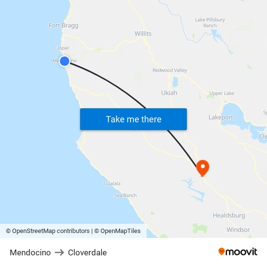 Mendocino to Cloverdale map