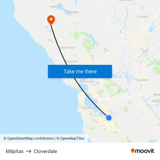 Milpitas to Cloverdale map
