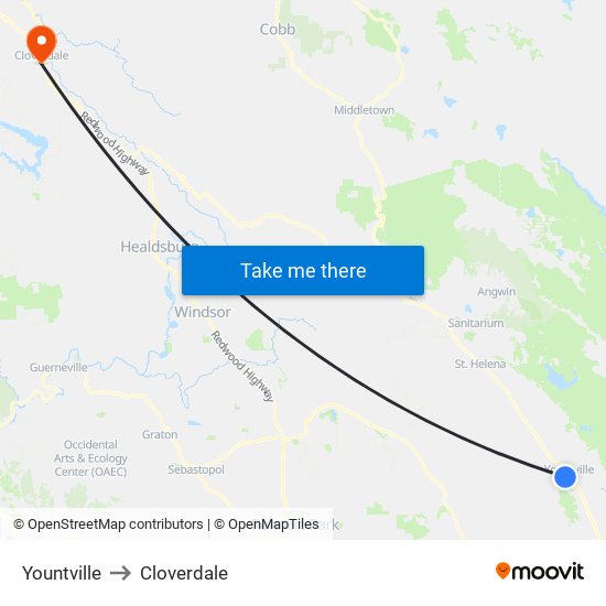 Yountville to Cloverdale map