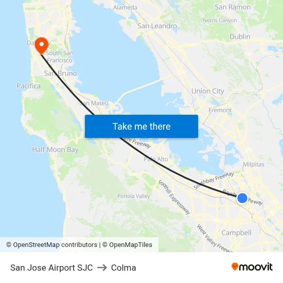 San Jose Airport SJC to Colma map