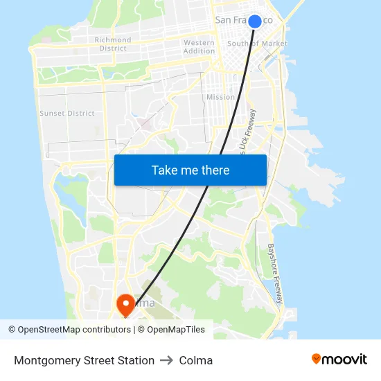 Montgomery Street Station to Colma map