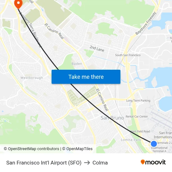 San Francisco Int'l Airport (SFO) to Colma map