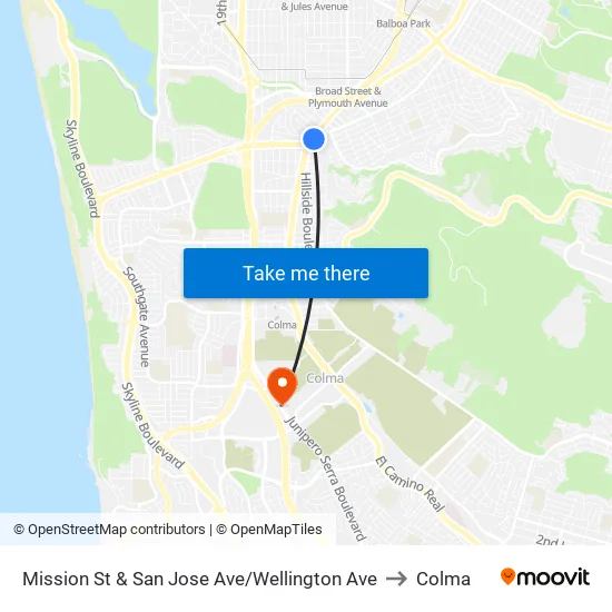 Mission St & San Jose Ave/Wellington Ave to Colma map