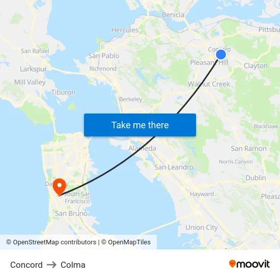 Concord to Colma map
