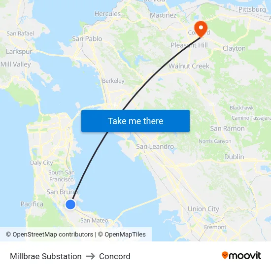 Millbrae Substation to Concord map