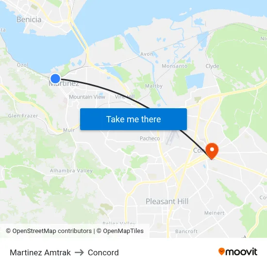 Martinez Amtrak to Concord map