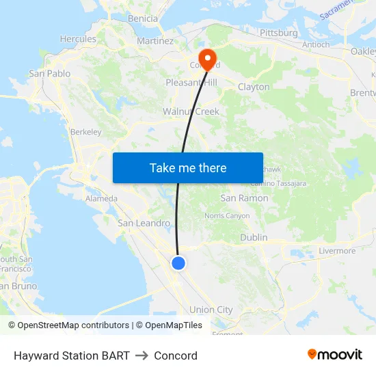 Hayward Station BART to Concord map