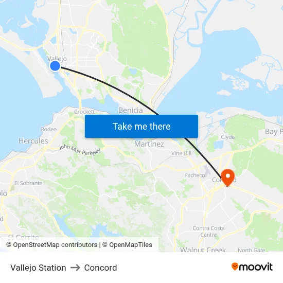 Vallejo Station to Concord map