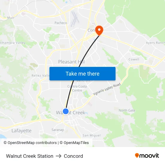 Walnut Creek Station to Concord map