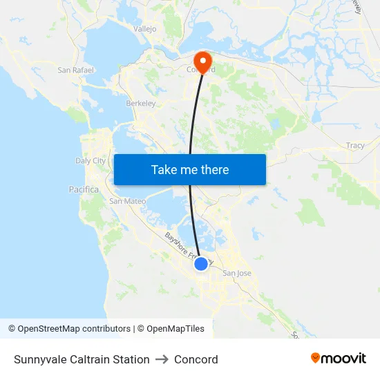 Sunnyvale Caltrain Station to Concord map
