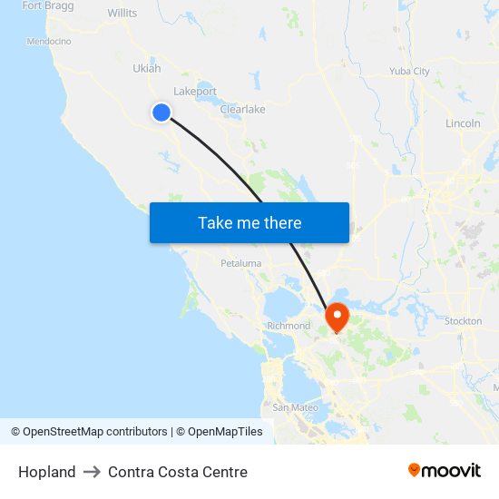 Hopland to Contra Costa Centre map