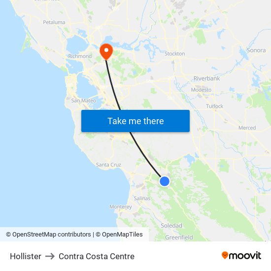 Hollister to Contra Costa Centre map