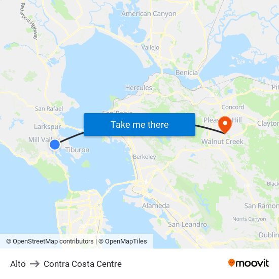 Alto to Contra Costa Centre map