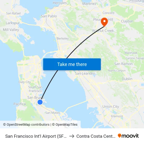 San Francisco Int'l Airport (SFO) to Contra Costa Centre map