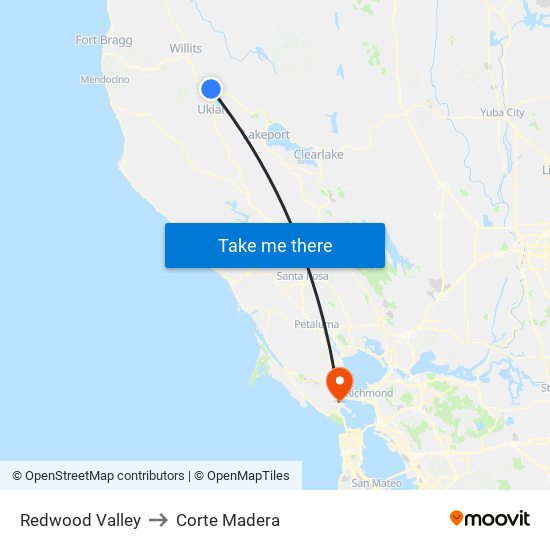 Redwood Valley to Corte Madera map