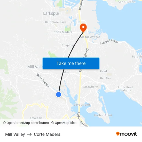 Mill Valley to Corte Madera map