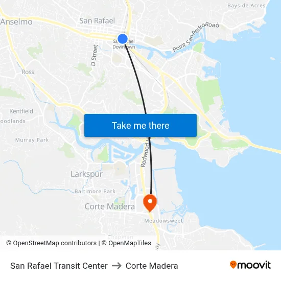 San Rafael Transit Center to Corte Madera map