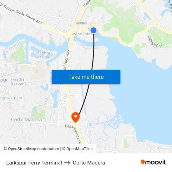 Larkspur Ferry Terminal to Corte Madera map