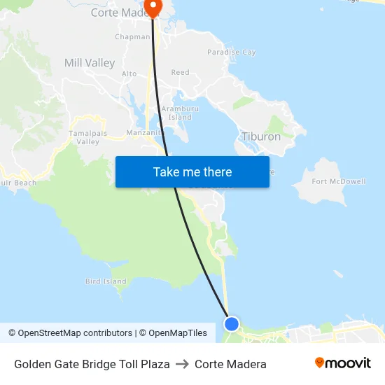 Golden Gate Bridge Toll Plaza to Corte Madera map