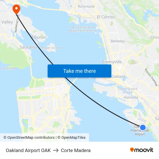 Oakland Airport OAK to Corte Madera map
