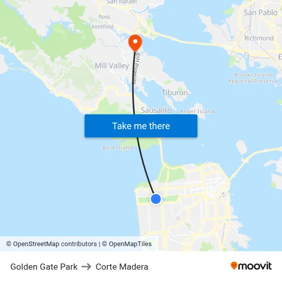 Golden Gate Park to Corte Madera map