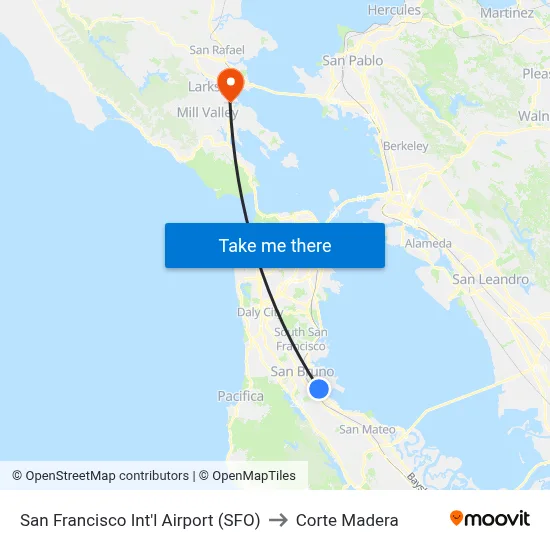 San Francisco Int'l Airport (SFO) to Corte Madera map
