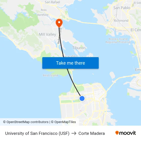University of San Francisco (USF) to Corte Madera map