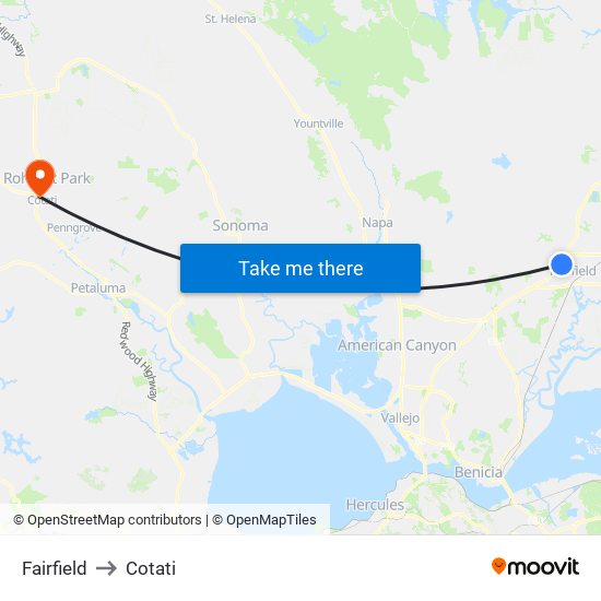 Fairfield to Cotati map