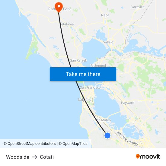 Woodside to Cotati map