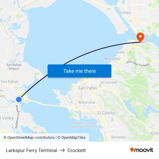 Larkspur Ferry Terminal to Crockett map