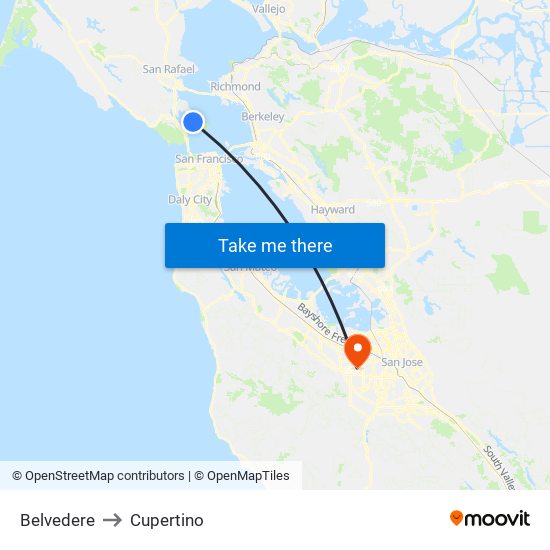 Belvedere to Cupertino map