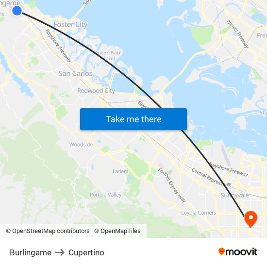 Burlingame to Cupertino map