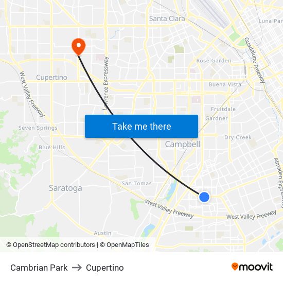 Cambrian Park to Cupertino map