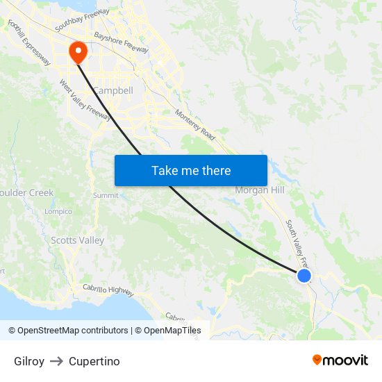 Gilroy to Cupertino map