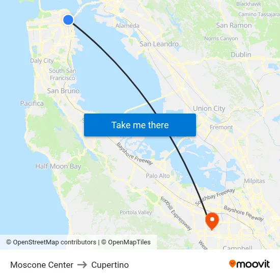 Moscone Center to Cupertino map