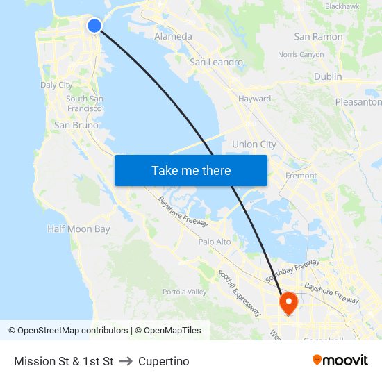 Mission St & 1st St to Cupertino map