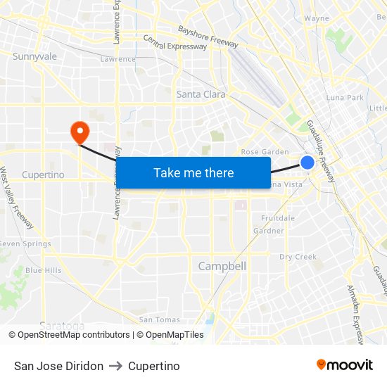 San Jose Diridon to Cupertino map